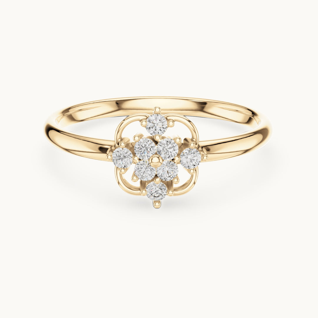 Round lab-grown diamond open flower cluster ring in yellow gold, 0.096 CT TW, view 4