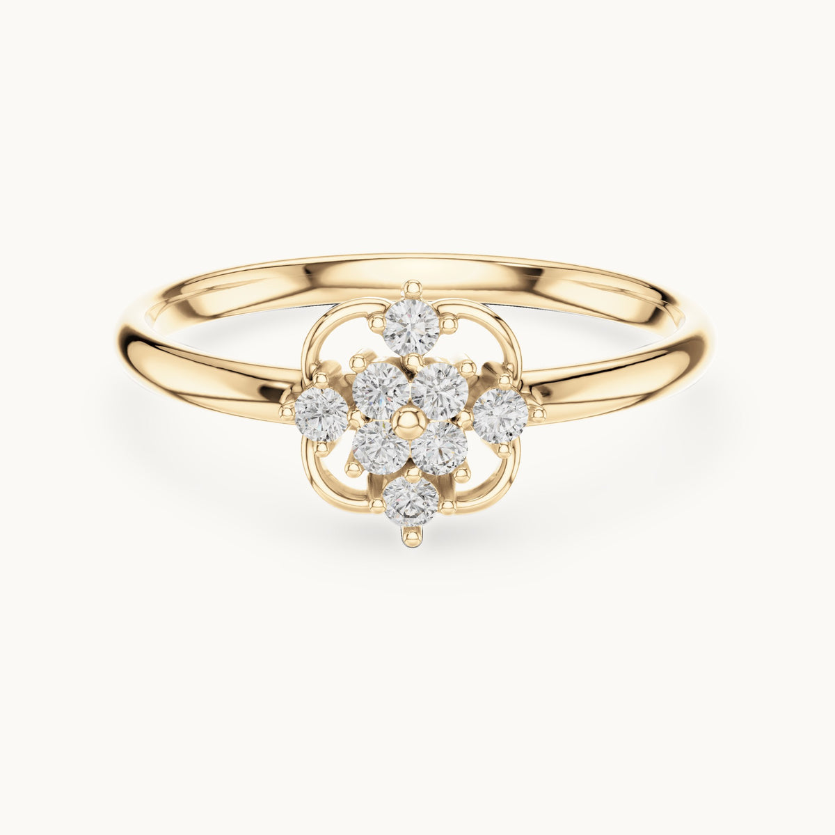 Round lab-grown diamond open flower cluster ring in yellow gold, 0.096 CT TW, view 4