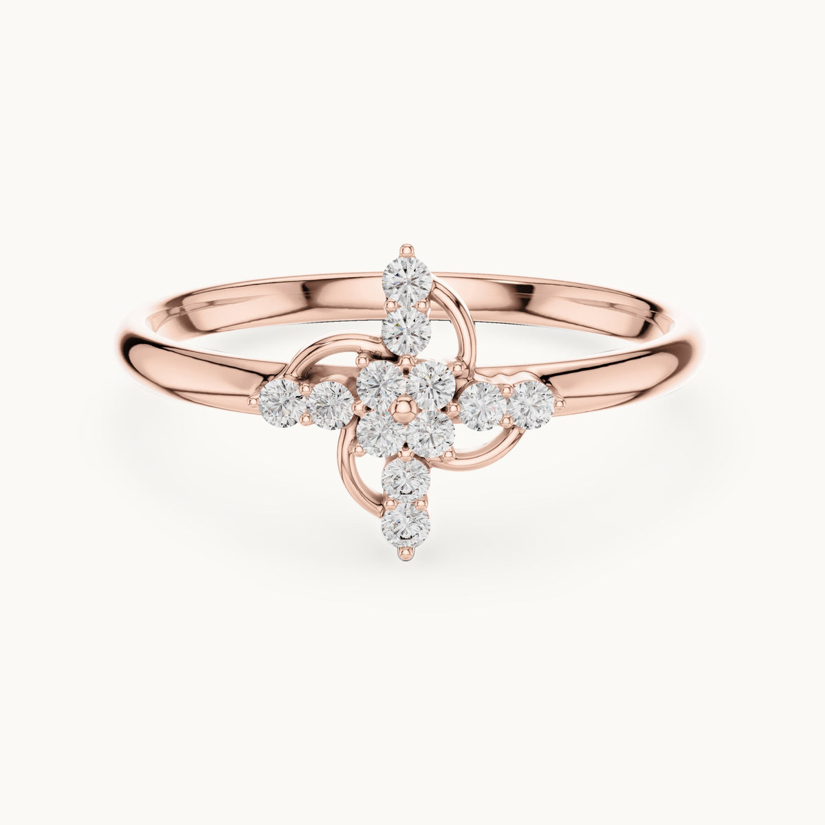 Round lab-grown diamond swirl cross ring in rose gold, 0.096 CT TW, view 4