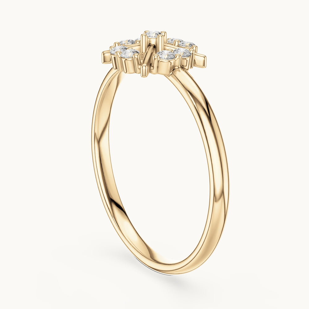 Round lab-grown diamond crossed cluster ring in yellow gold, 0.09 CT TW, view 1