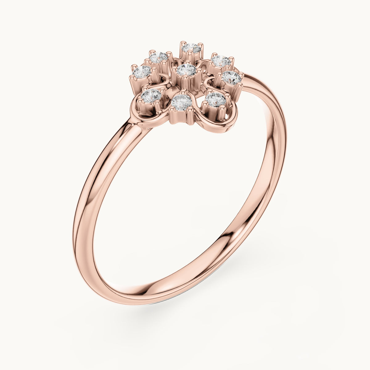 Round lab-grown diamond filigree quatrefoil cluster ring in rose gold, 0.054 CT TW, view 2