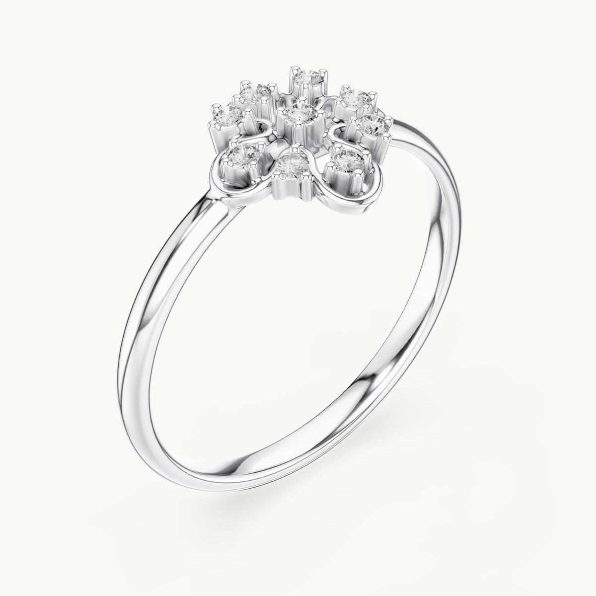 Round lab-grown diamond filigree quatrefoil cluster ring in white gold, 0.054 CT TW, view 2