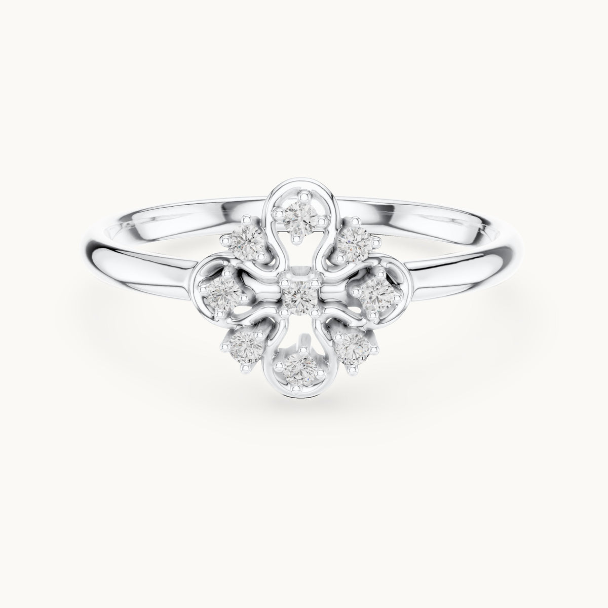 Round lab-grown diamond filigree quatrefoil cluster ring in white gold, 0.054 CT TW, view 4