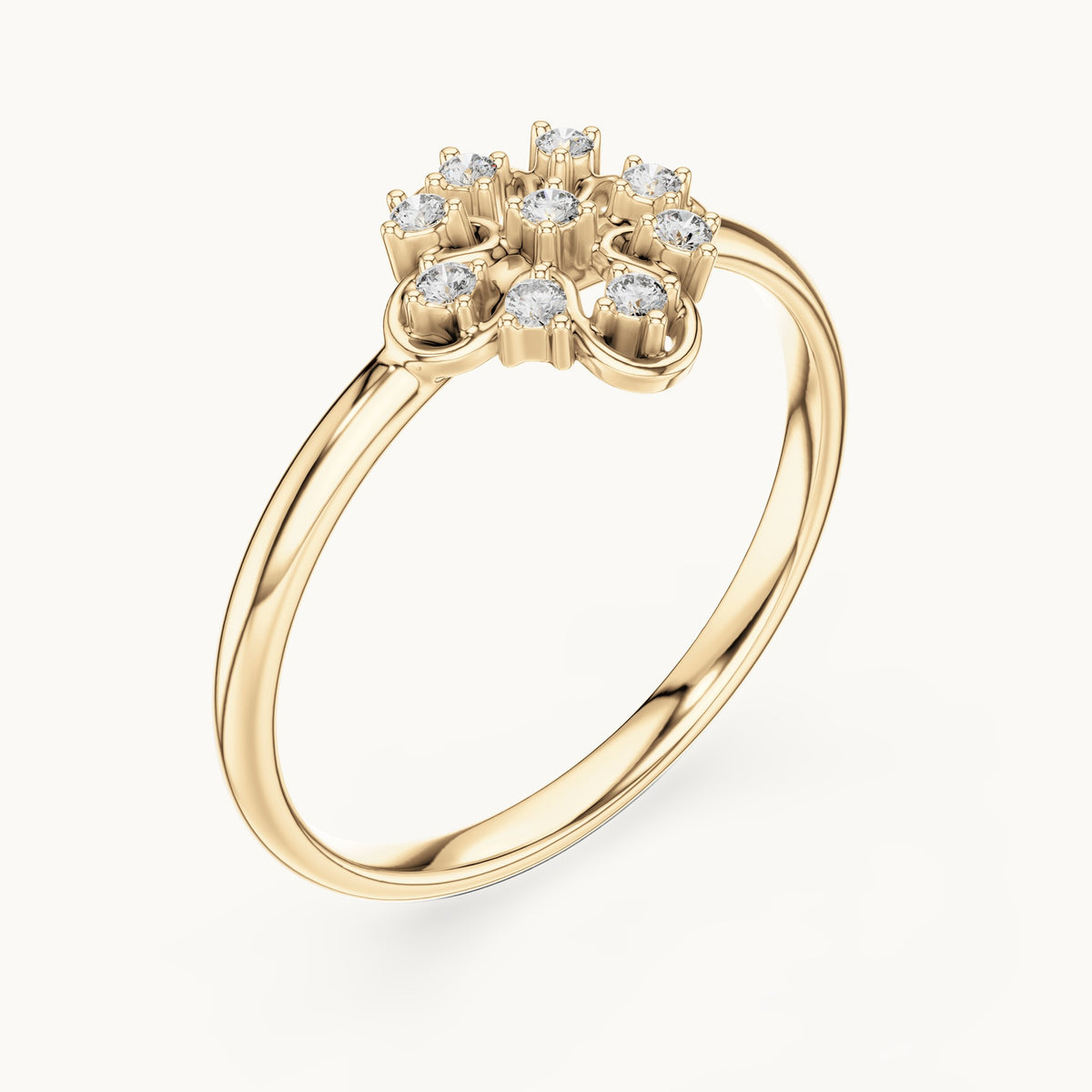 Round lab-grown diamond filigree quatrefoil cluster ring in yellow gold, 0.054 CT TW, view 2