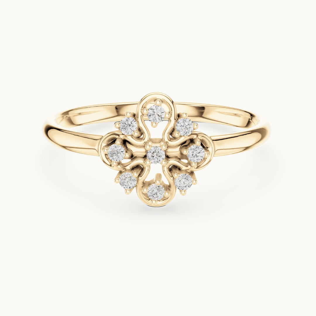 Round lab-grown diamond filigree quatrefoil cluster ring in yellow gold, 0.054 CT TW, view 4