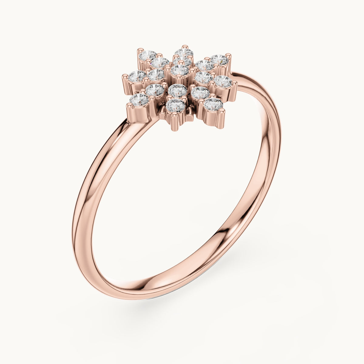 Round lab-grown diamond snowflake cluster ring in rose gold, 0.102 CT TW, view 2