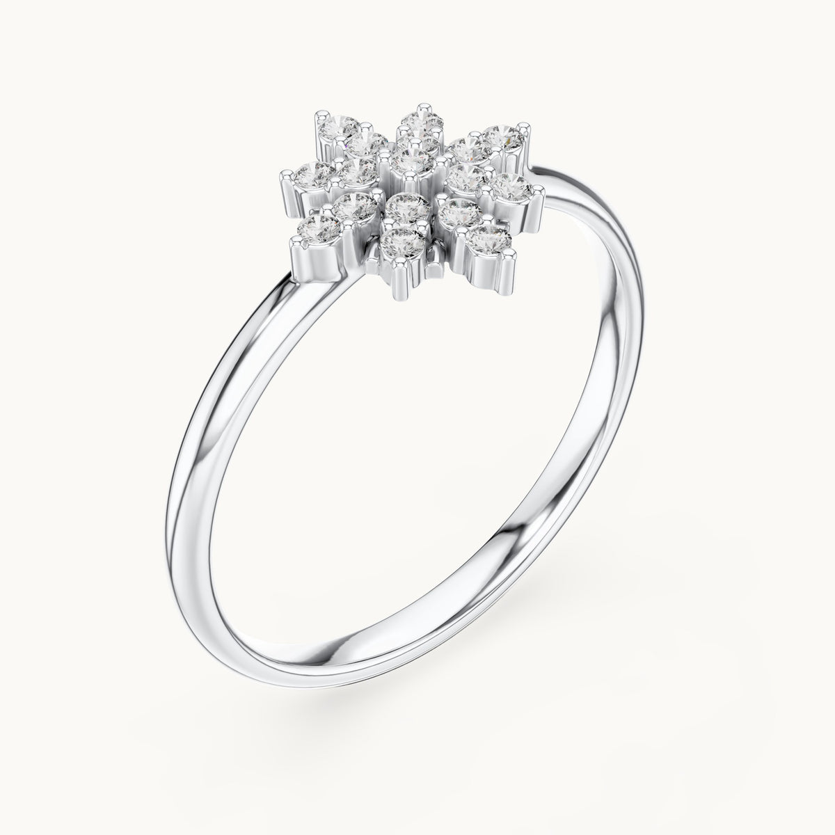 Round lab-grown diamond snowflake cluster ring in white gold, 0.102 CT TW, view 2