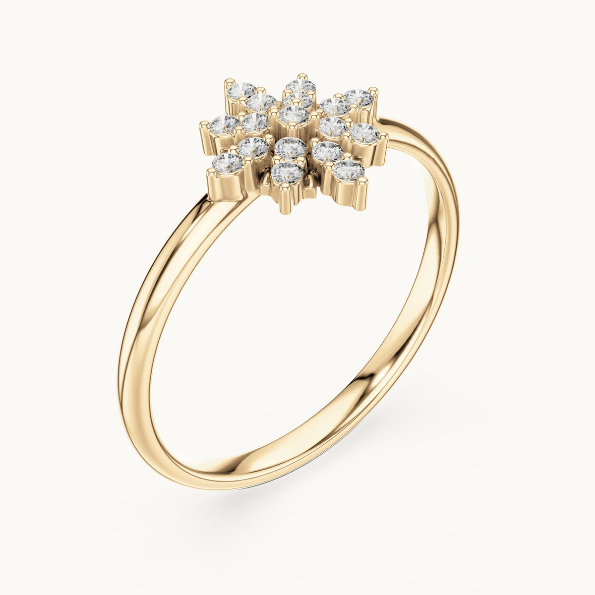 Round lab-grown diamond snowflake cluster ring in yellow gold, 0.102 CT TW, view 2