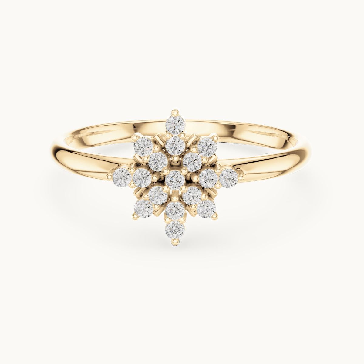 Round lab-grown diamond snowflake cluster ring in yellow gold, 0.102 CT TW, view 4
