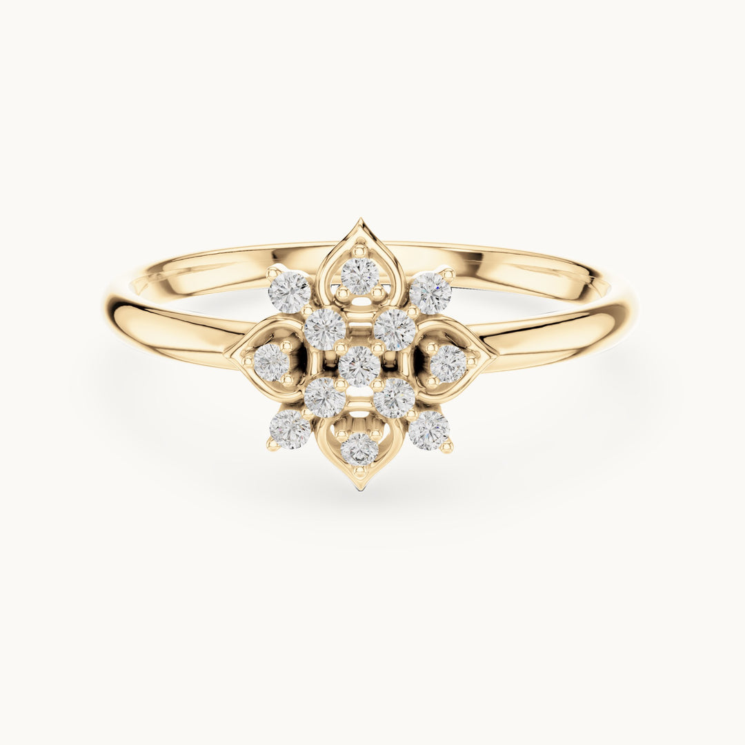 Round lab-grown diamond lotus medallion ring in yellow gold, 0.074 CT TW, view 4