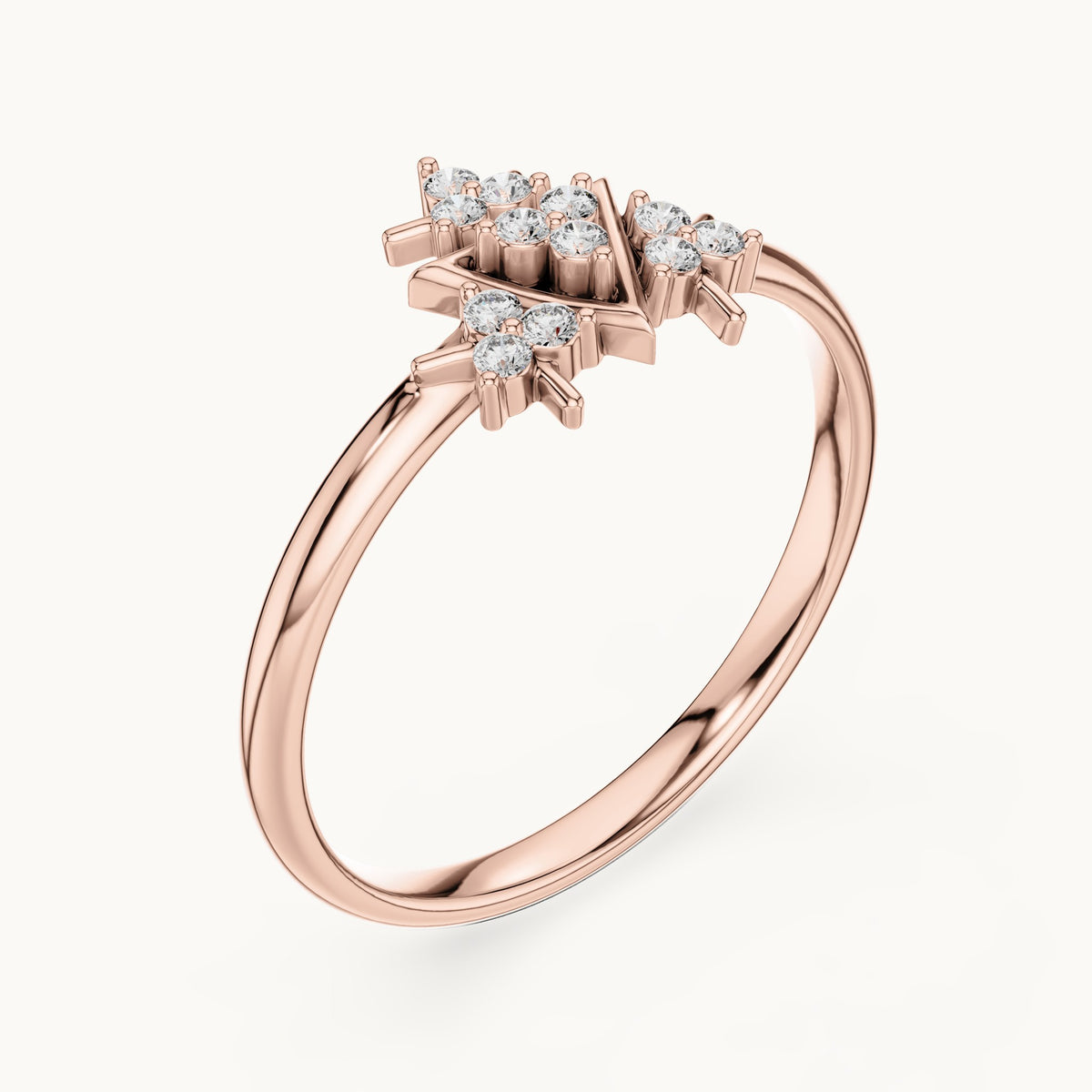 Round lab-grown diamond triangle cluster ring in rose gold, 0.072 CT TW, view 2
