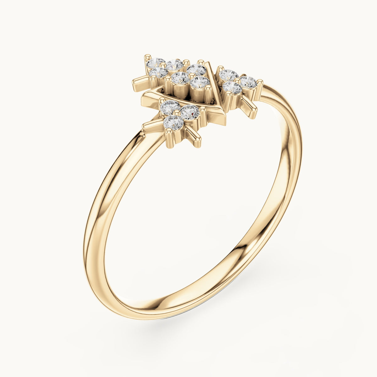 Round lab-grown diamond triangle cluster ring in yellow gold, 0.072 CT TW, view 2