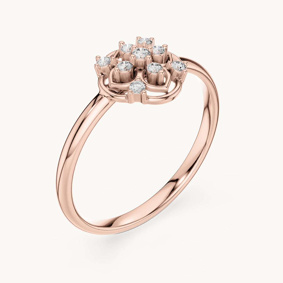 Round lab-grown diamond quatrefoil medallion ring in rose gold, 0.058 CT TW, view 2