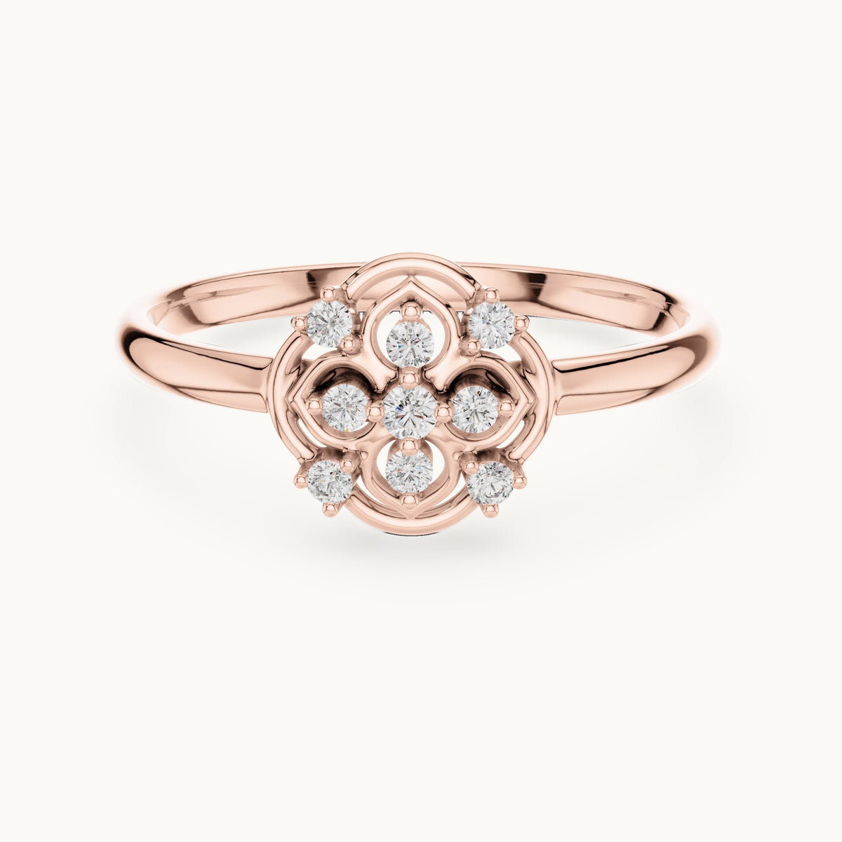Round lab-grown diamond quatrefoil medallion ring in rose gold, 0.058 CT TW, view 4