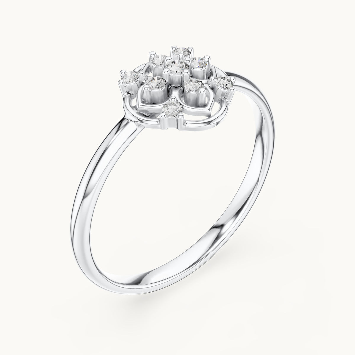 Round lab-grown diamond quatrefoil medallion ring in white gold, 0.058 CT TW, view 2