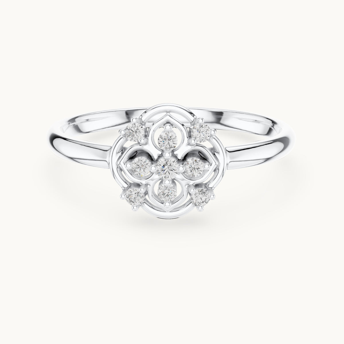 Round lab-grown diamond quatrefoil medallion ring in white gold, 0.058 CT TW, view 4