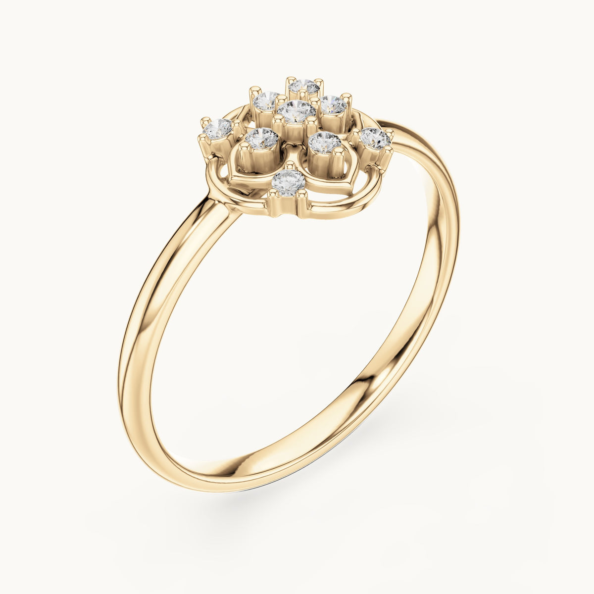 Round lab-grown diamond quatrefoil medallion ring in yellow gold, 0.058 CT TW, view 2