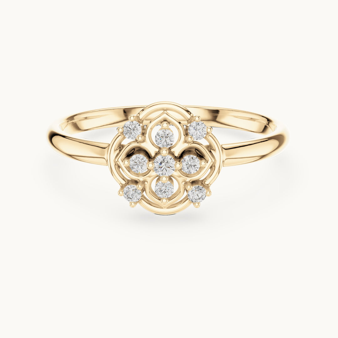 Round lab-grown diamond quatrefoil medallion ring in yellow gold, 0.058 CT TW, view 4