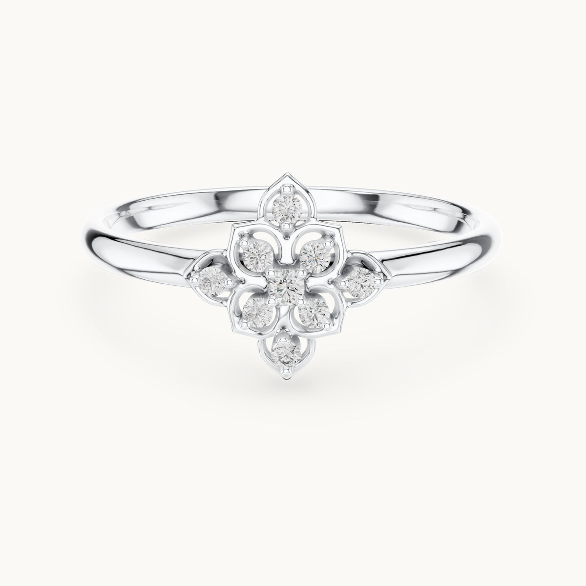 Round lab-grown diamond flower medallion ring in white gold, 0.048 CT TW, view 4