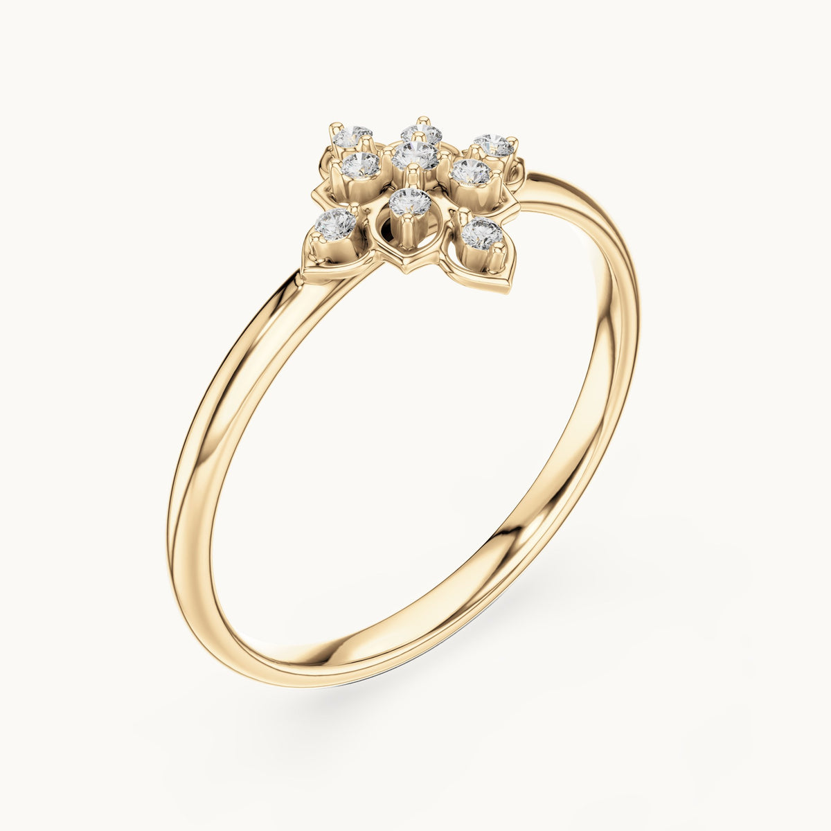 Round lab-grown diamond flower medallion ring in yellow gold, 0.048 CT TW, view 2