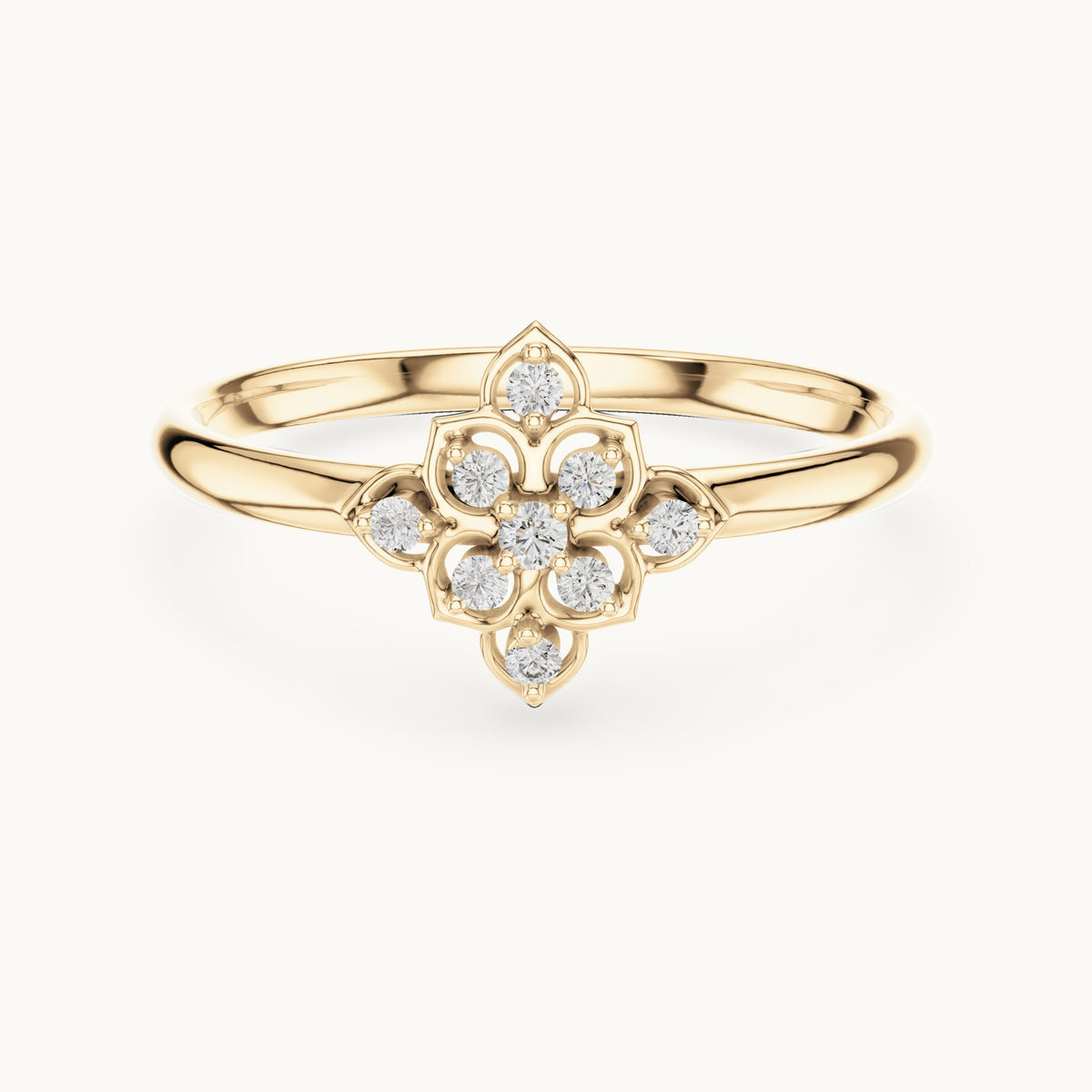 Round lab-grown diamond flower medallion ring in yellow gold, 0.048 CT TW, view 4