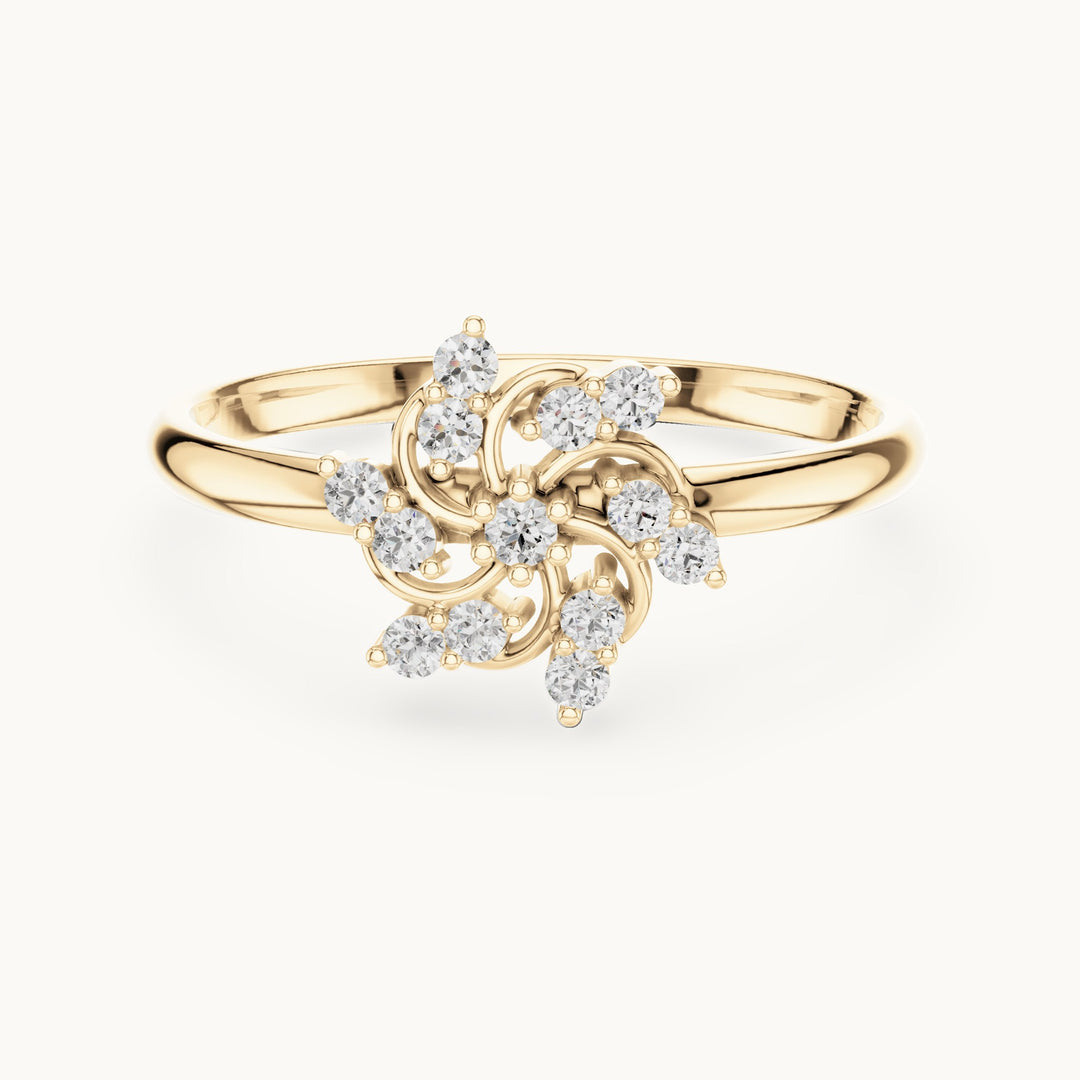 Round lab-grown diamond spiral pinwheel ring in yellow gold, 0.106 CT TW, view 4
