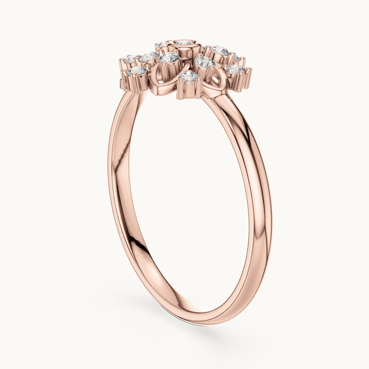 Round lab-grown diamond flower petal ring in rose gold, 0.104 CT TW, view 1