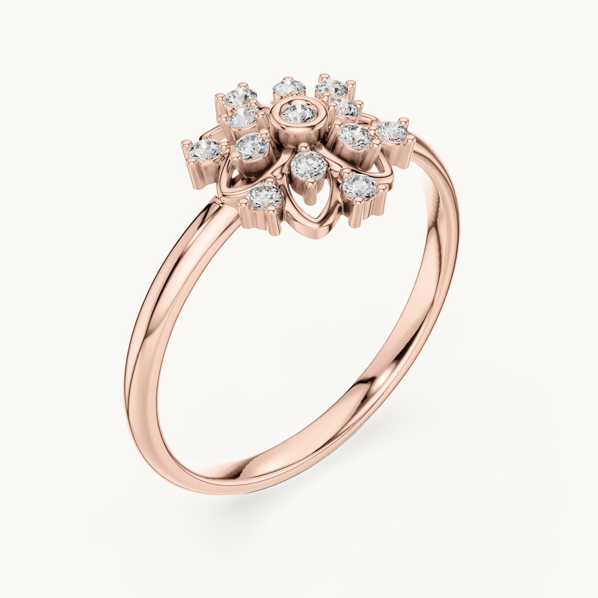 Round lab-grown diamond flower petal ring in rose gold, 0.104 CT TW, view 2