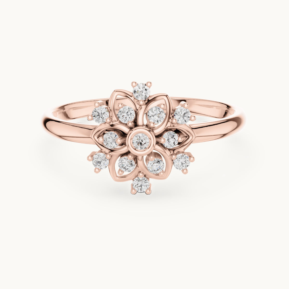 Round lab-grown diamond flower petal ring in rose gold, 0.104 CT TW, view 4