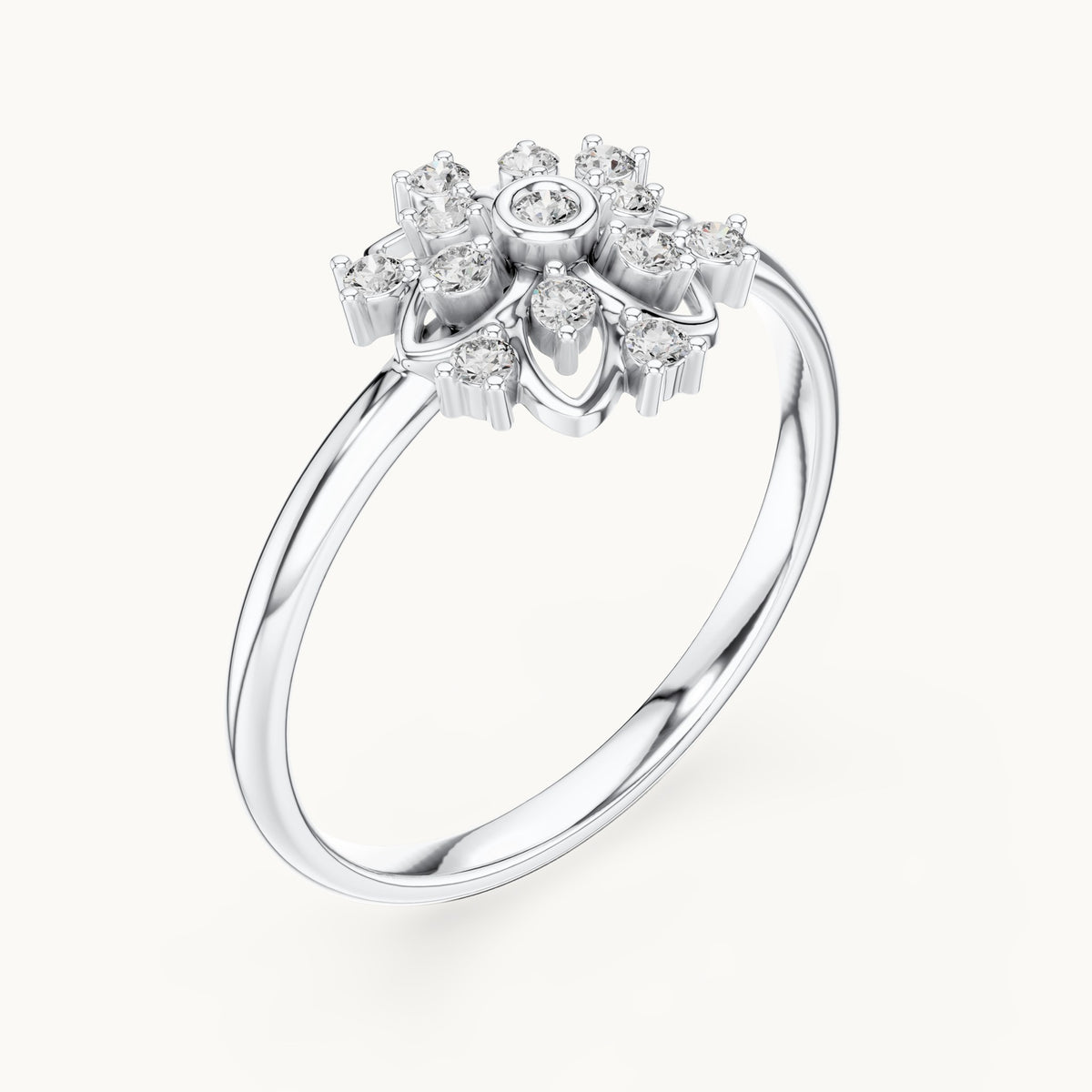 Round lab-grown diamond flower petal ring in white gold, 0.104 CT TW, view 2