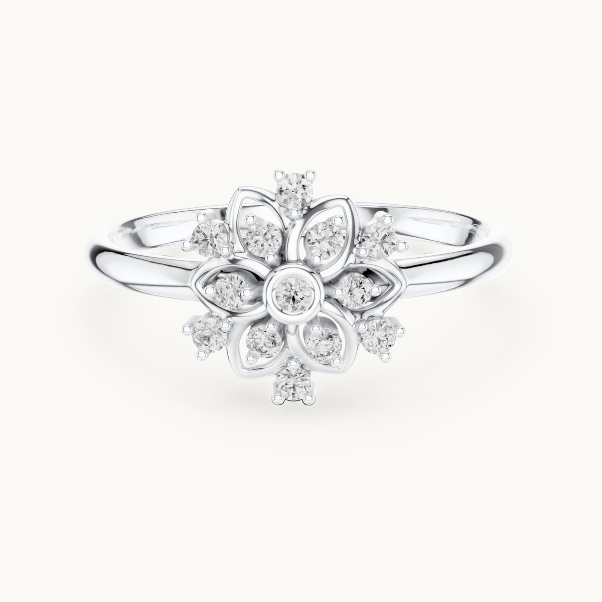 Round lab-grown diamond flower petal ring in white gold, 0.104 CT TW, view 4