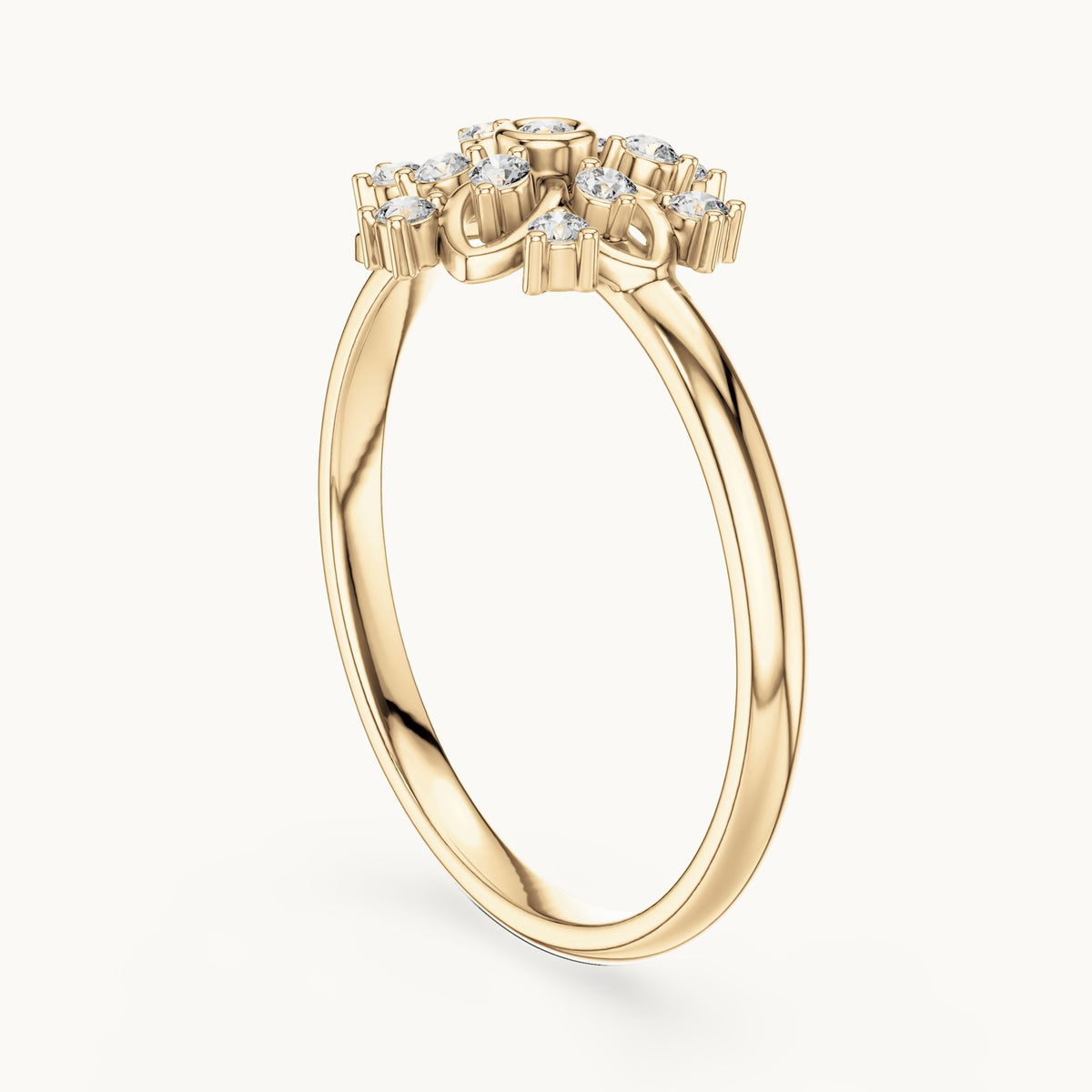 Round lab-grown diamond flower petal ring in yellow gold, 0.104 CT TW, view 1