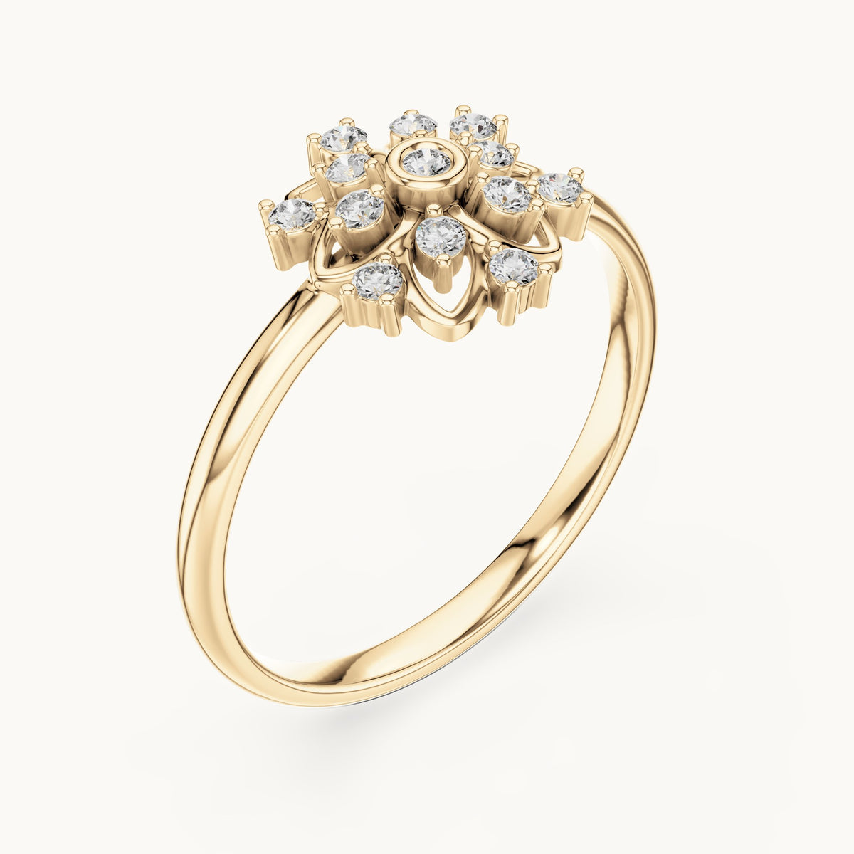 Round lab-grown diamond flower petal ring in yellow gold, 0.104 CT TW, view 2
