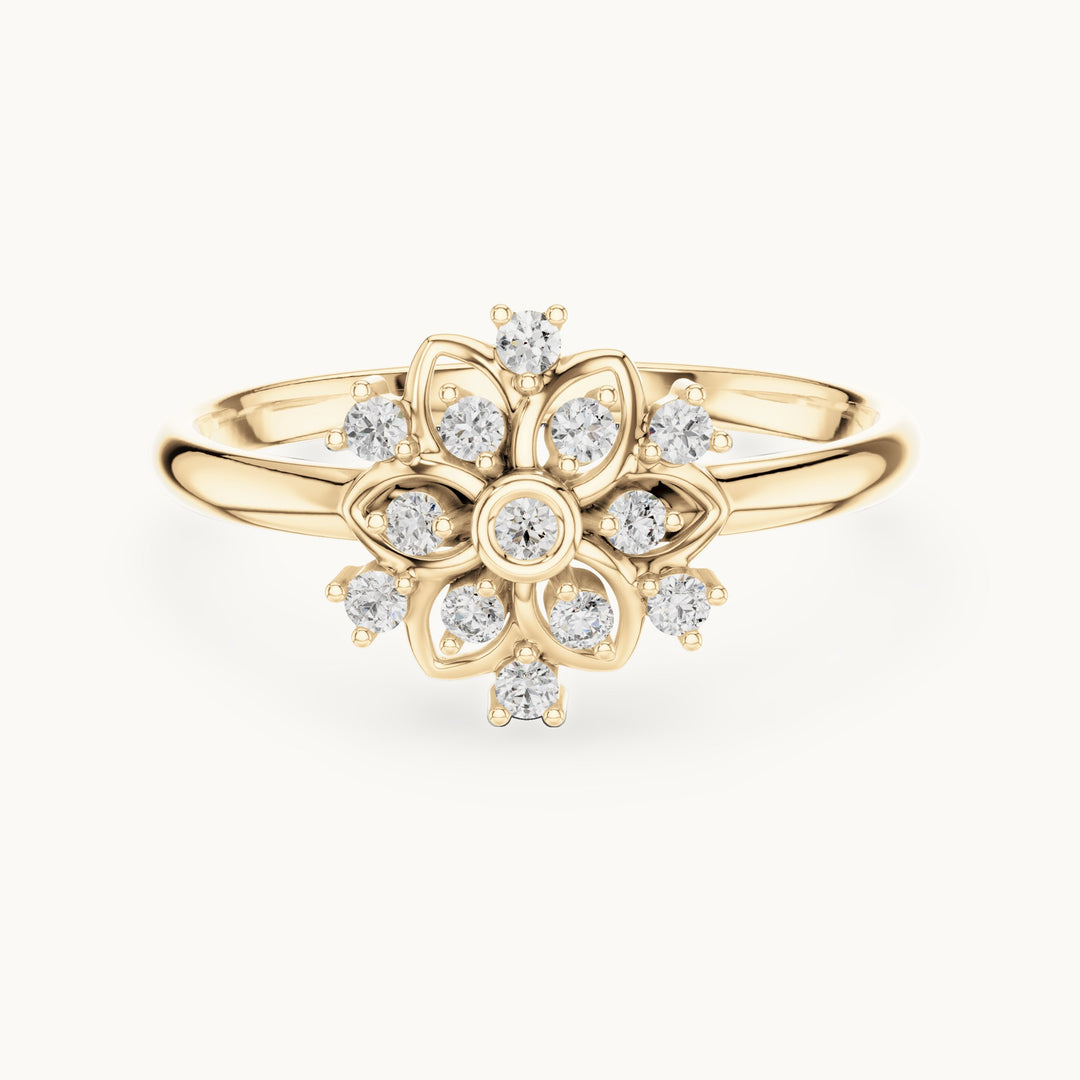 Round lab-grown diamond flower petal ring in yellow gold, 0.104 CT TW, view 4