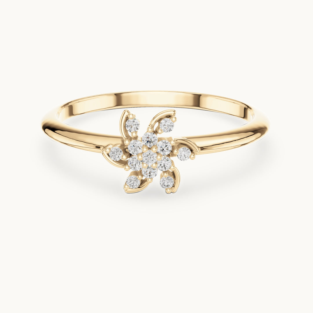 Round lab-grown diamond pinwheel flower ring in yellow gold, 0.072 CT TW, view 4