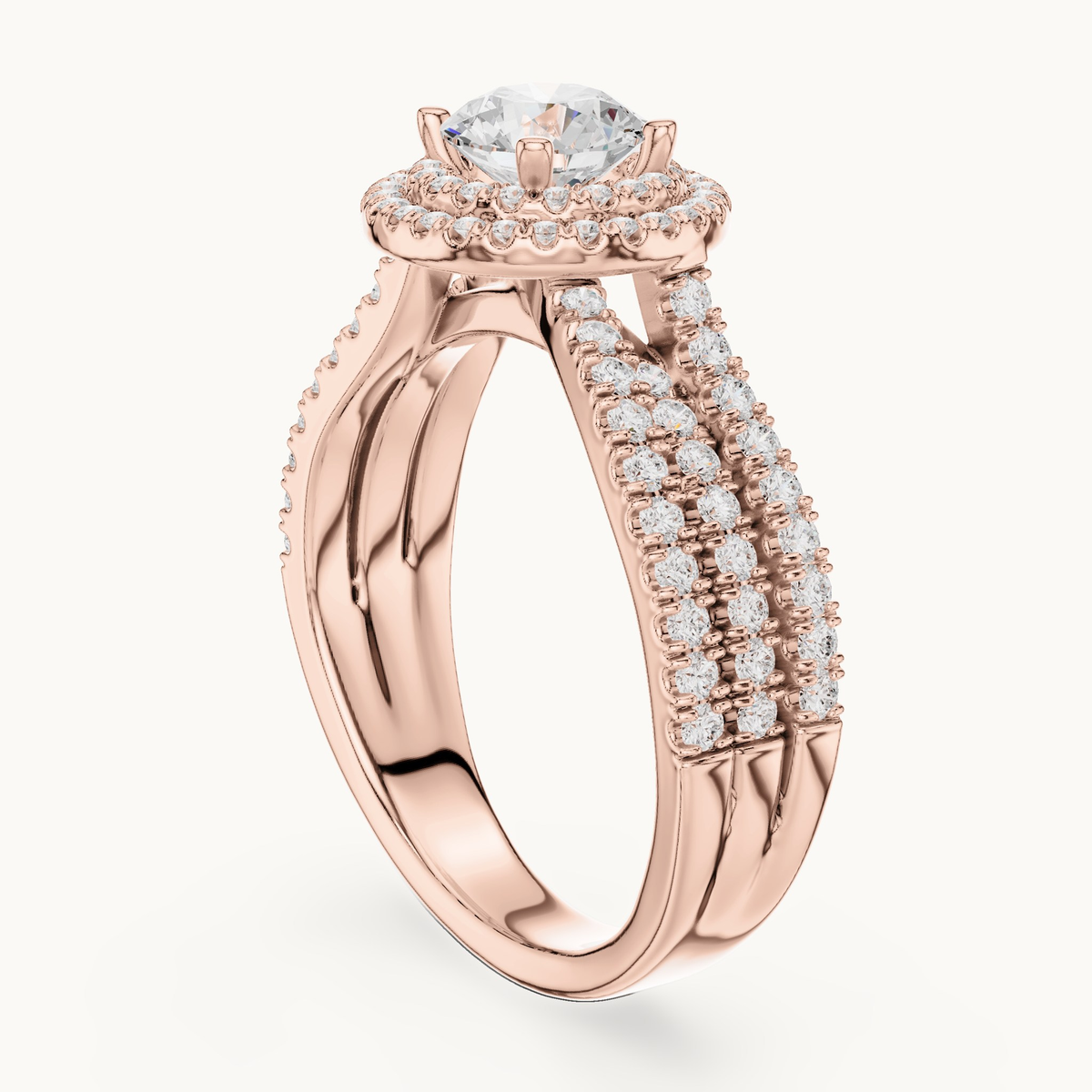 Round lab-grown diamond halo engagement ring in 14K rose gold, 1.59 CT TW, view 1