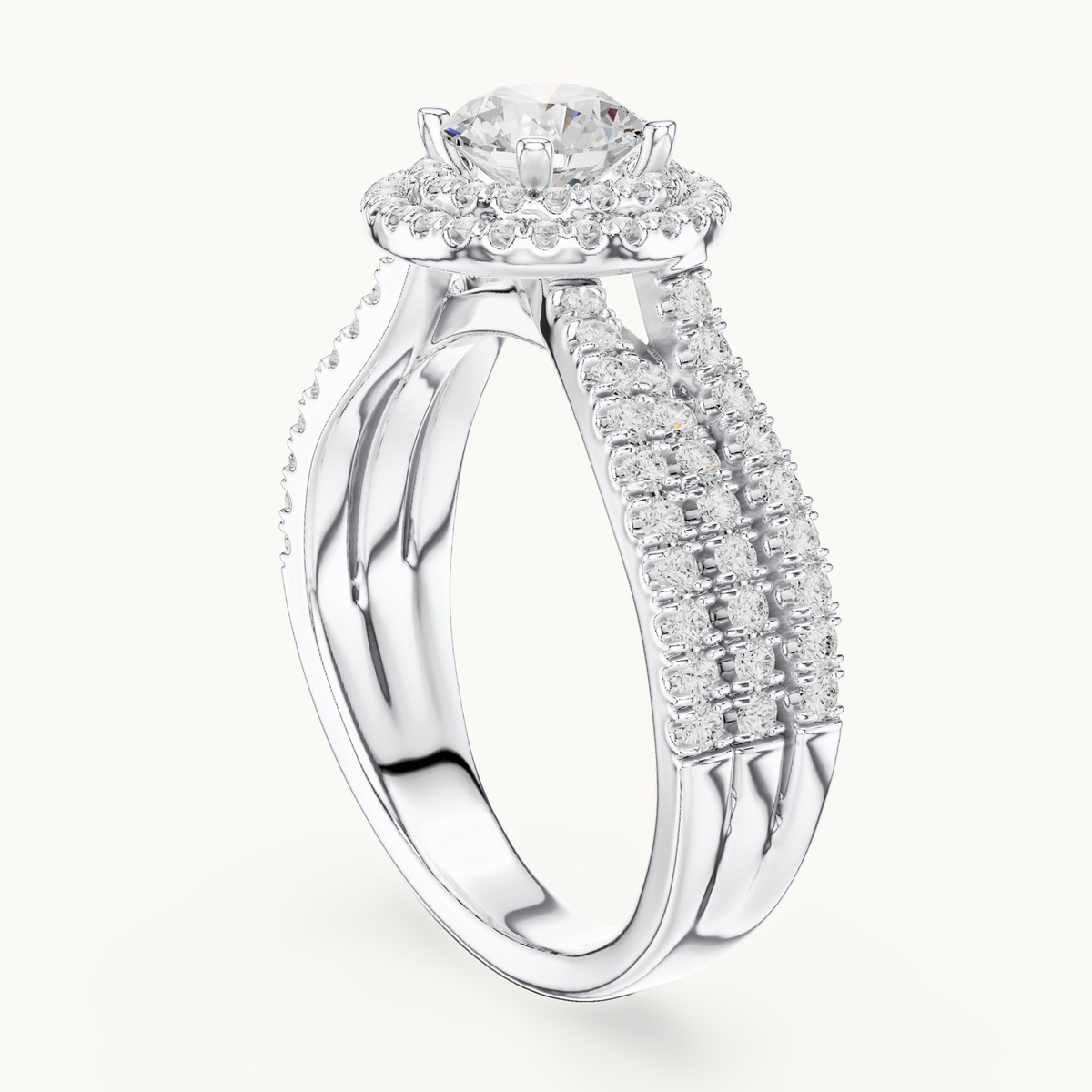 Round lab-grown diamond halo engagement ring in 14K white gold, 1.59 CT TW, view 1