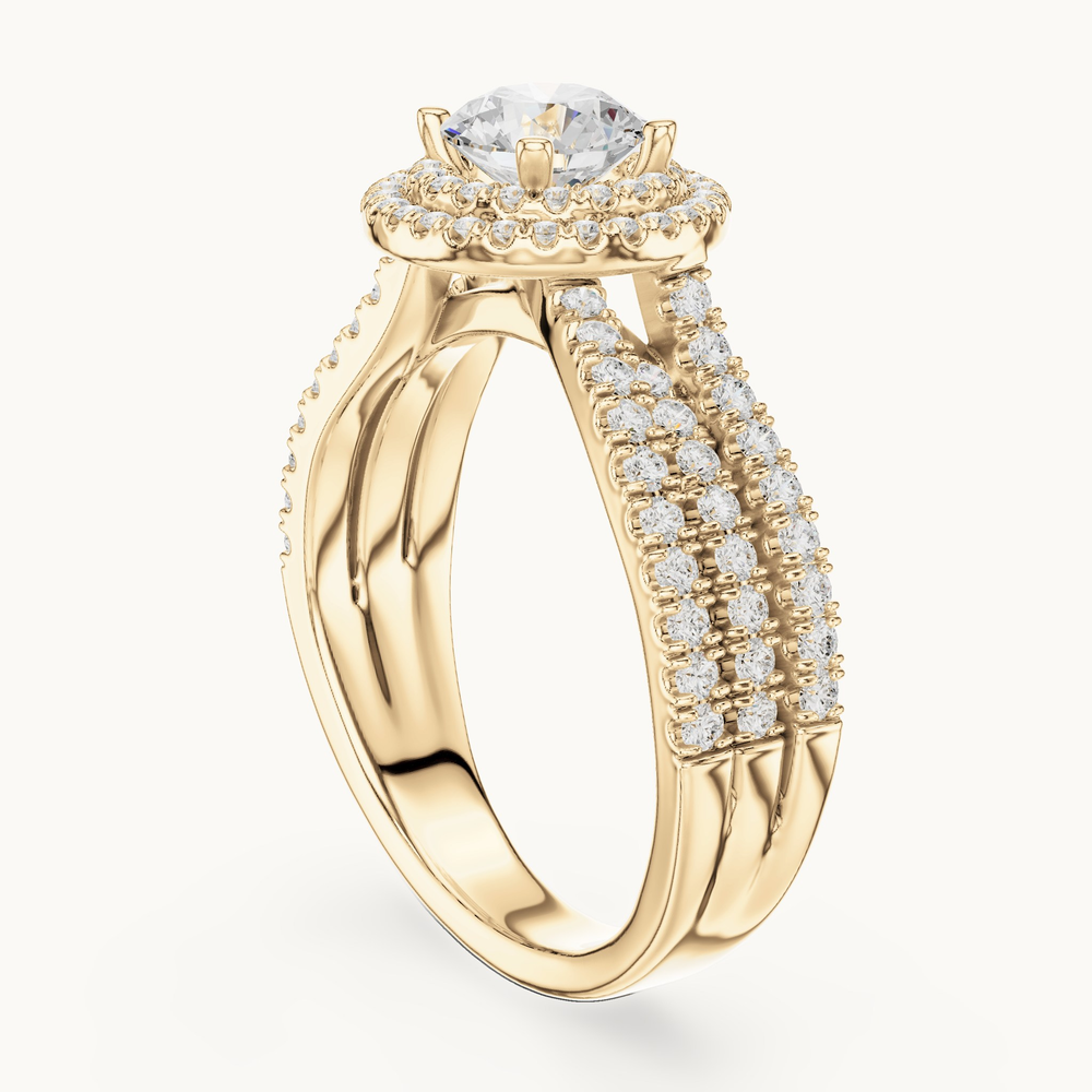 Round lab-grown diamond halo engagement ring in 14K yellow gold, 1.59 CT TW, view 1