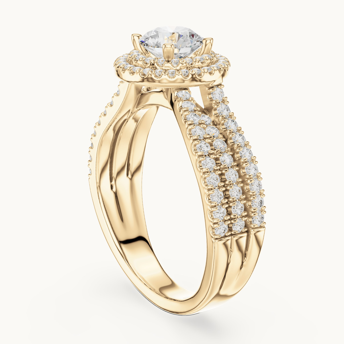Round lab-grown diamond halo engagement ring in 14K yellow gold, 1.59 CT TW, view 1