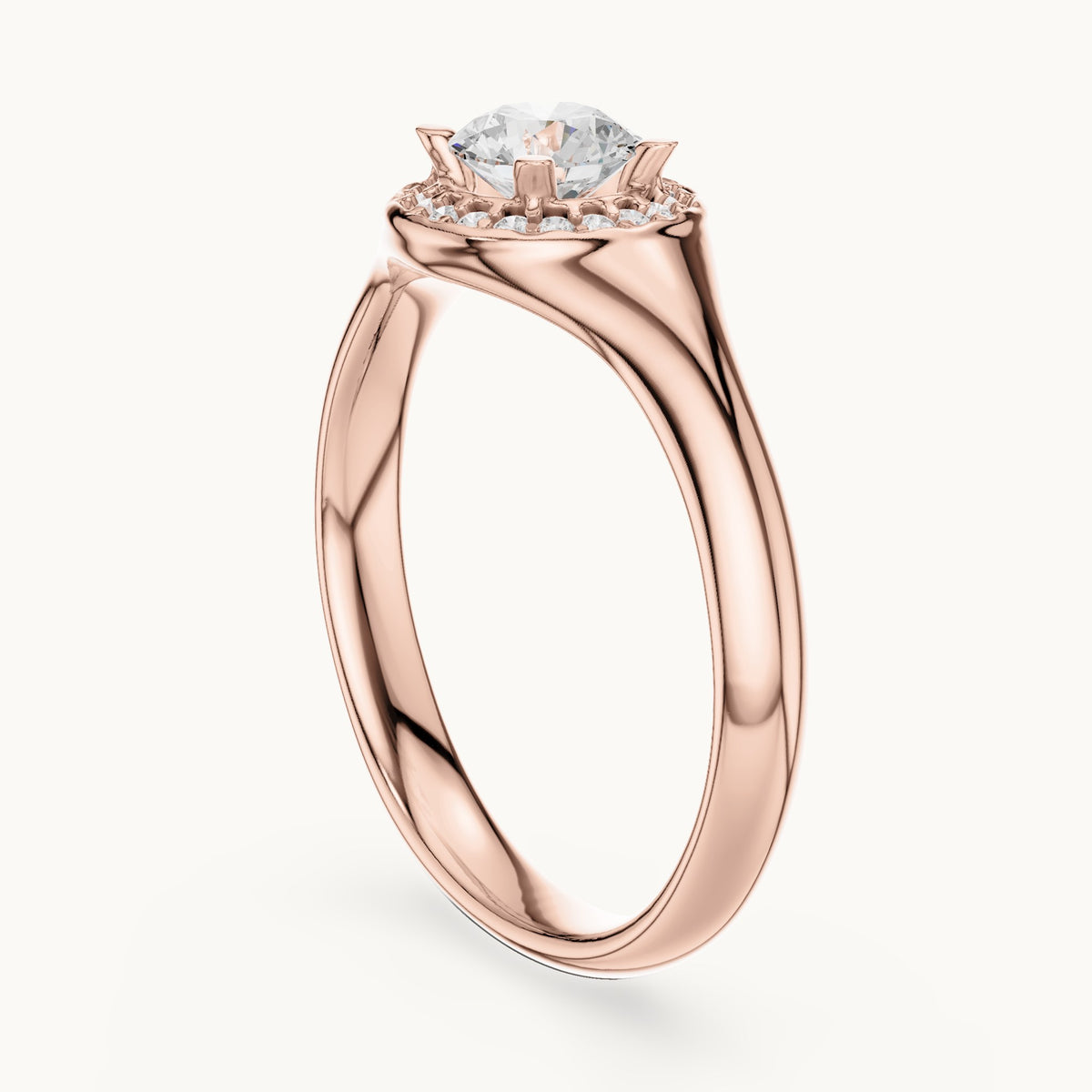Round lab-grown diamond halo engagement ring with tapered band in rose gold, 0.59 CT TW, view 1