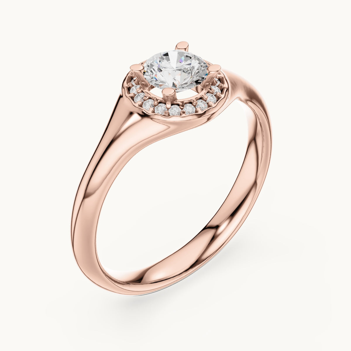 Round lab-grown diamond halo engagement ring with tapered band in rose gold, 0.59 CT TW, view 2