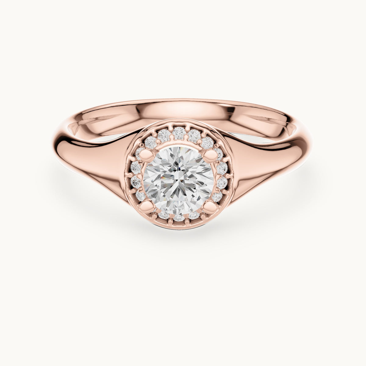 Round lab-grown diamond halo engagement ring with tapered band in rose gold, 0.59 CT TW, view 4