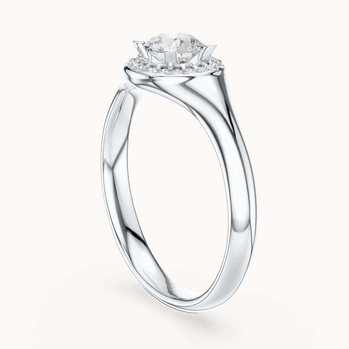 Round lab-grown diamond halo engagement ring with tapered band in white gold, 0.59 CT TW, view 1