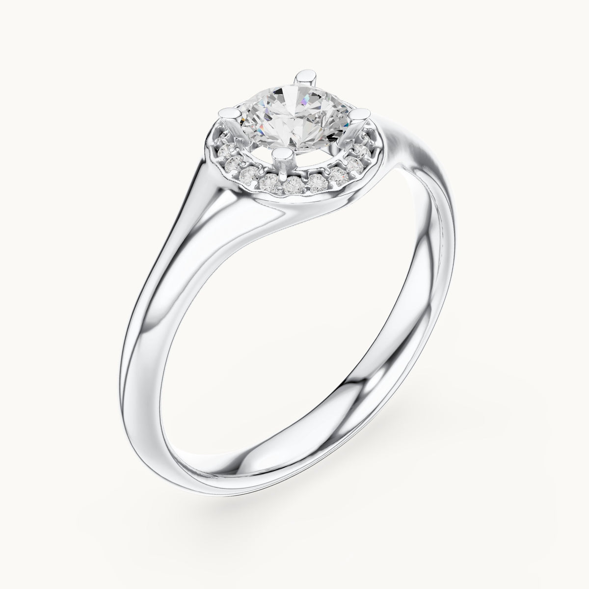 Round lab-grown diamond halo engagement ring with tapered band in white gold, 0.59 CT TW, view 2