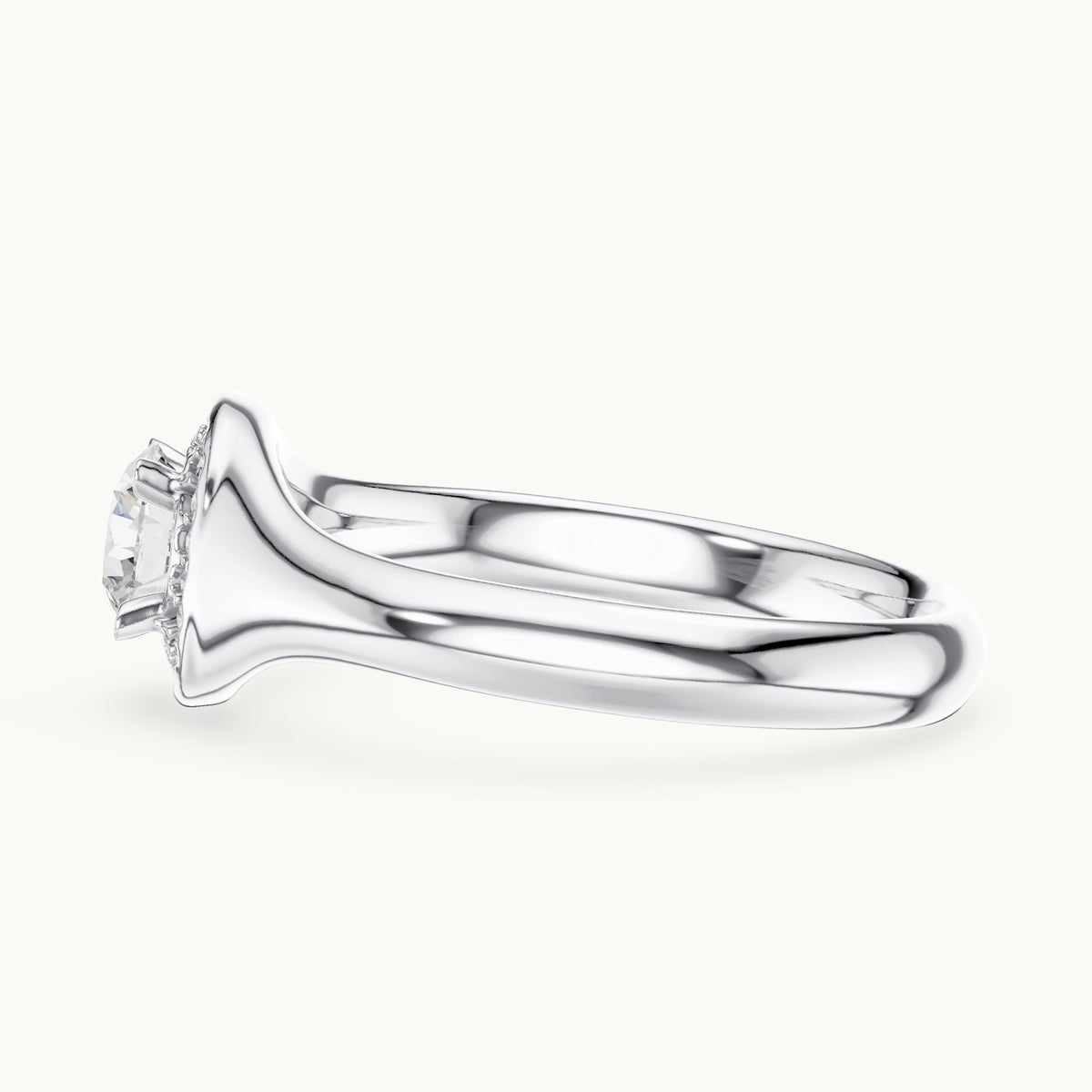Round lab-grown diamond halo engagement ring with tapered band in white gold, 0.59 CT TW, view 3