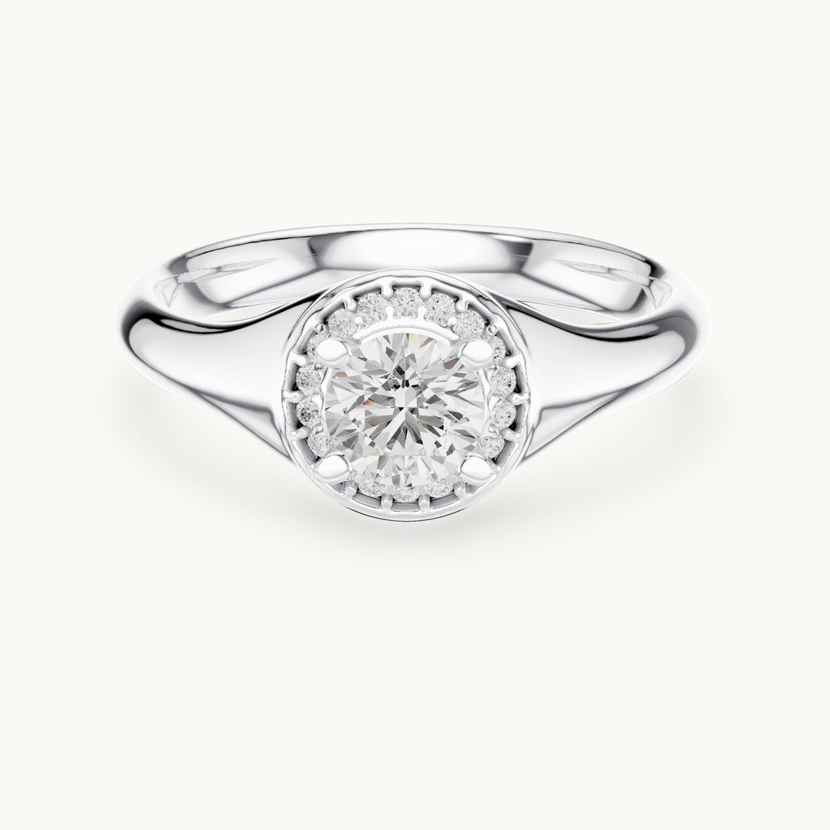 Round lab-grown diamond halo engagement ring with tapered band in white gold, 0.59 CT TW, view 4