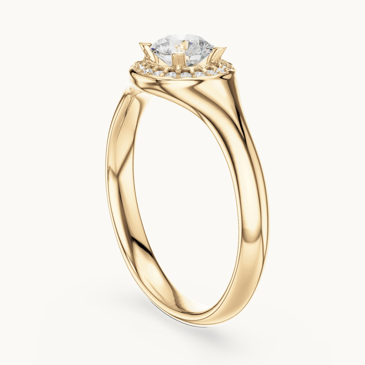 Round lab-grown diamond halo engagement ring with tapered band in yellow gold, 0.59 CT TW, view 1