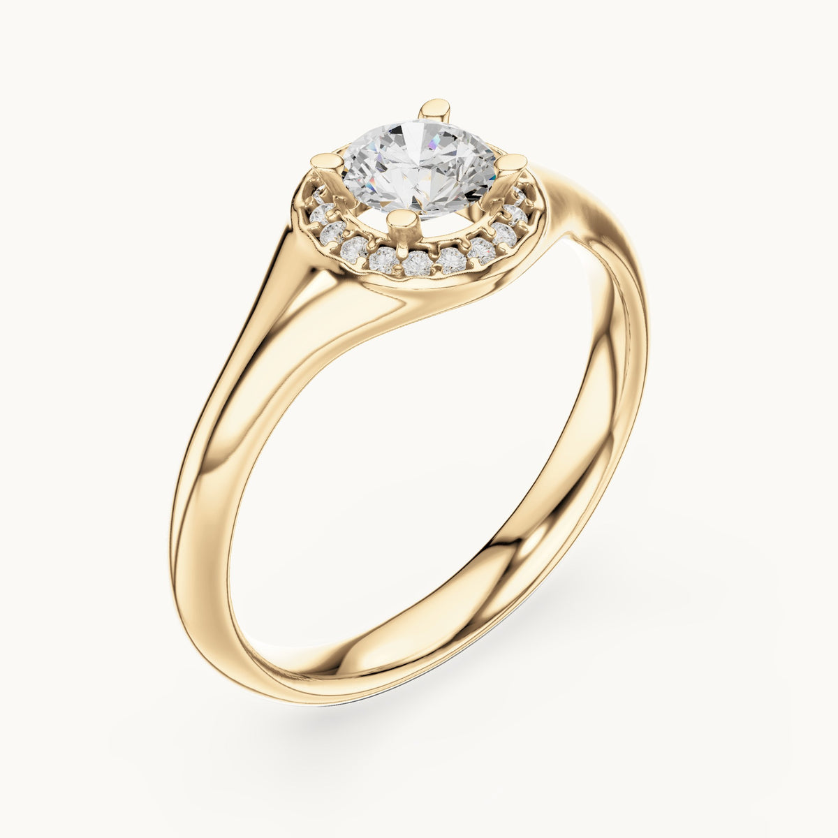Round lab-grown diamond halo engagement ring with tapered band in yellow gold, 0.59 CT TW, view 2