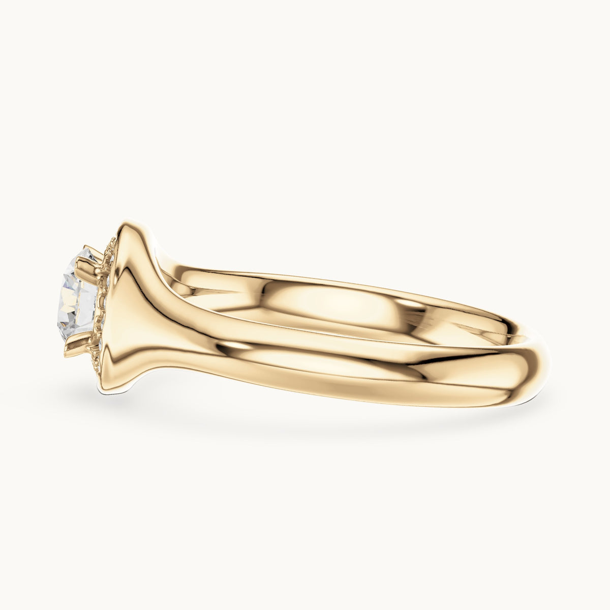 Round lab-grown diamond halo engagement ring with tapered band in yellow gold, 0.59 CT TW, view 3