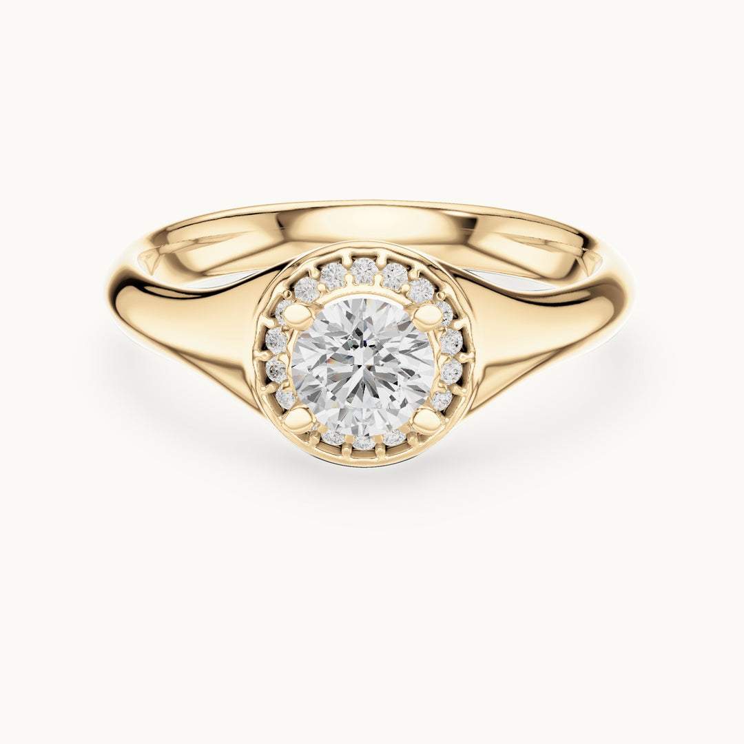 Round lab-grown diamond halo engagement ring with tapered band in yellow gold, 0.59 CT TW, view 4